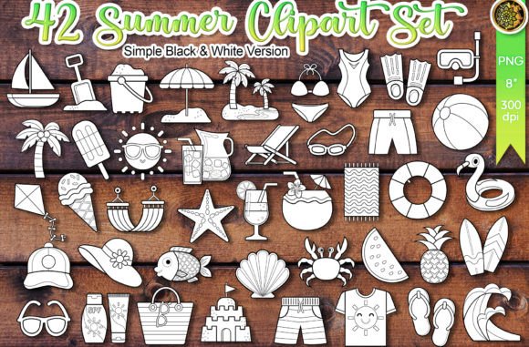 42 Summer Clipart PNG Set Black White: A Versatile Resource for Creative Projects